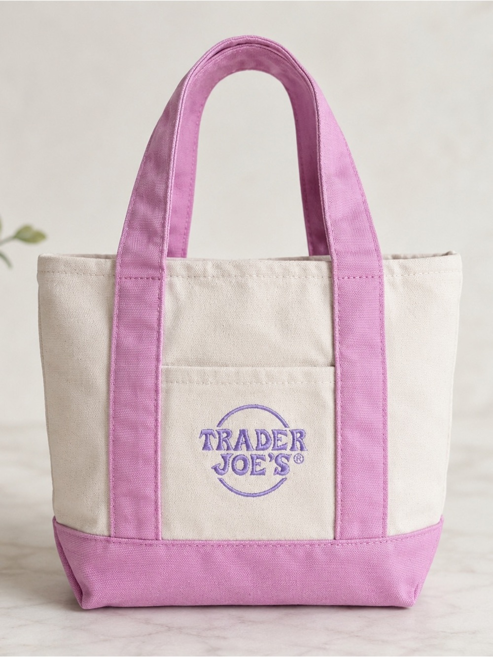 Trader Joe's Mini Canvas Tote Bag Pink Cream Purple Embroidered Logo Pocket